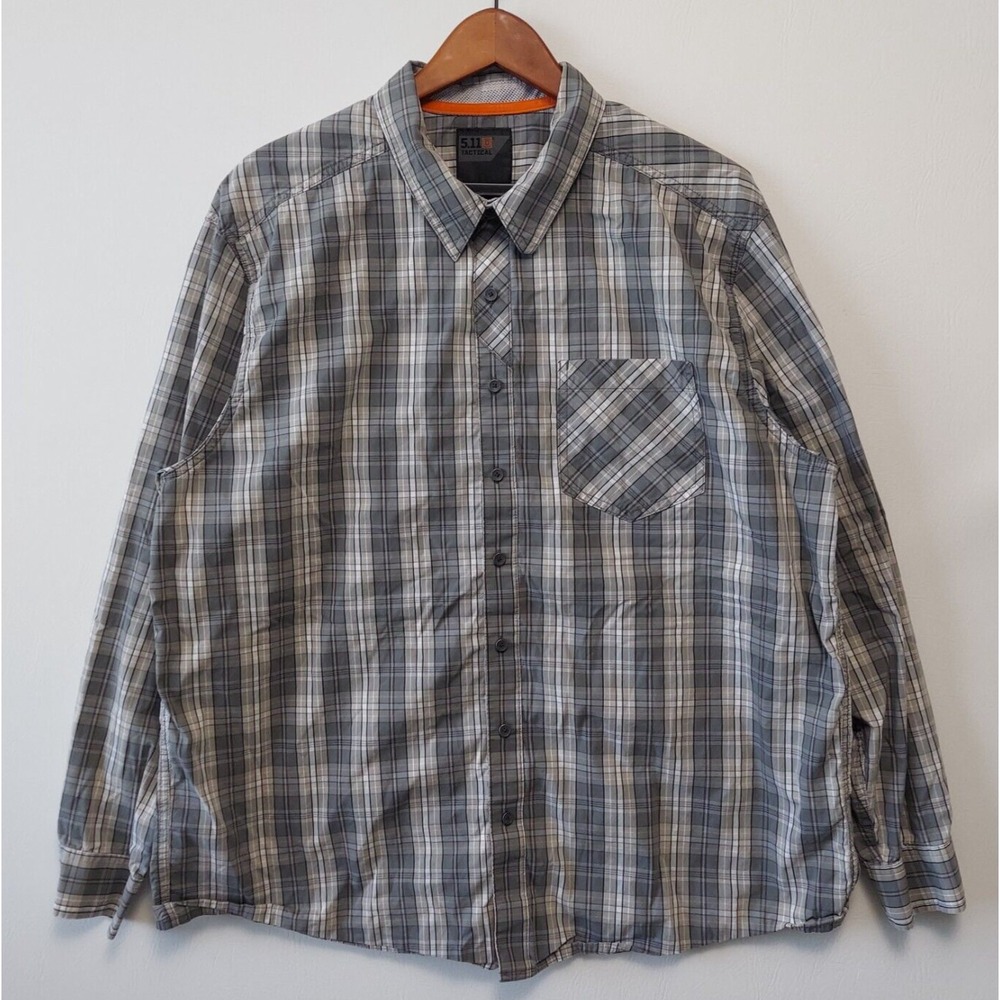 5.11 Tactical Men's Gray Plaid Long Sleeve Button Up Shirt XL Inside Pockets